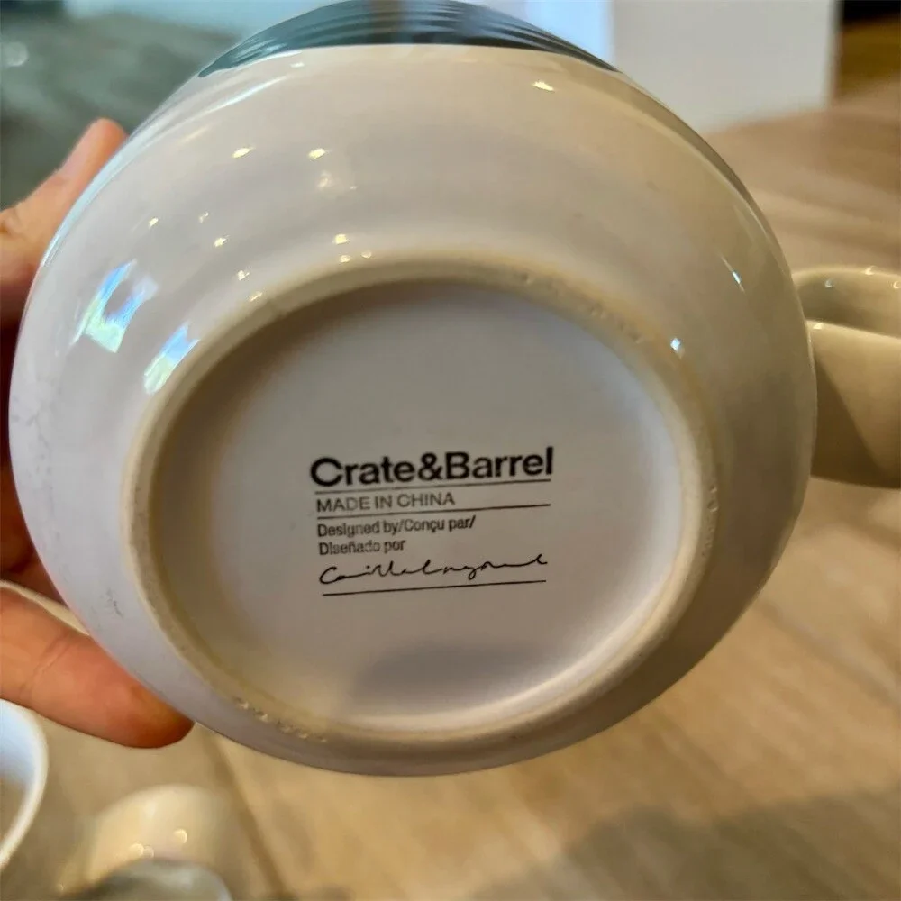 Set of 4 Crate & Barrel Elsa Coffee Tea Mugs White Black Dot Ribbed Glossy